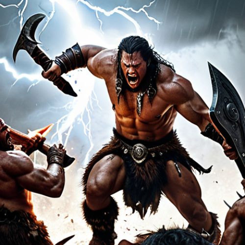 **

A powerful Barbarian amidst a swirling wind, wielding axes that crackle with lightning. He's surrounded by fallen demons in a chaotic battle scene. Focus on speed and critical hit visual effects.

**