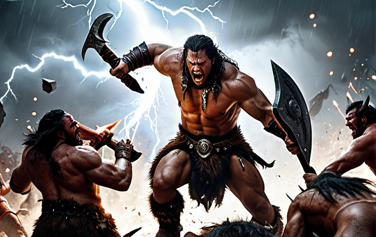 **

A powerful Barbarian amidst a swirling wind, wielding axes that crackle with lightning. He's surrounded by fallen demons in a chaotic battle scene. Focus on speed and critical hit visual effects.

**