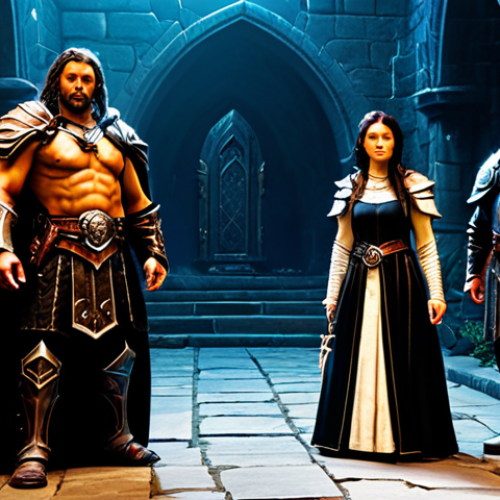 A diverse group of four professional adventurers, embodying classic fantasy archetypes like a noble Paladin, a wise Sorceress, a robust Barbarian, and a mystic Necromancer, standing together. Each character is fully clothed in their iconic, modest armor and appropriate professional attire, reflecting their class. They are positioned at the entrance of a dimly lit, ancient stone dungeon, characteristic of Sanctuary's gothic fantasy world, with an ethereal glow emanating from within. They are posed naturally, looking forward with determination and a strong sense of camaraderie, ready to embark on a shared adventure. Professional photography, high detail, cinematic lighting, epic fantasy art style, perfect anatomy, correct proportions, well-formed hands, proper finger count, natural body proportions, safe for work, appropriate content, fully clothed, modest clothing, family-friendly.