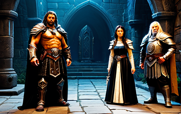 A diverse group of four professional adventurers, embodying classic fantasy archetypes like a noble Paladin, a wise Sorceress, a robust Barbarian, and a mystic Necromancer, standing together. Each character is fully clothed in their iconic, modest armor and appropriate professional attire, reflecting their class. They are positioned at the entrance of a dimly lit, ancient stone dungeon, characteristic of Sanctuary's gothic fantasy world, with an ethereal glow emanating from within. They are posed naturally, looking forward with determination and a strong sense of camaraderie, ready to embark on a shared adventure. Professional photography, high detail, cinematic lighting, epic fantasy art style, perfect anatomy, correct proportions, well-formed hands, proper finger count, natural body proportions, safe for work, appropriate content, fully clothed, modest clothing, family-friendly.